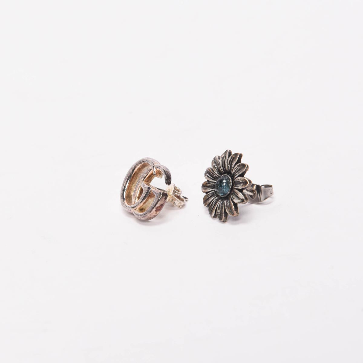 Gucci Sterling Silver GG Marmont & Flower Stud Earrings