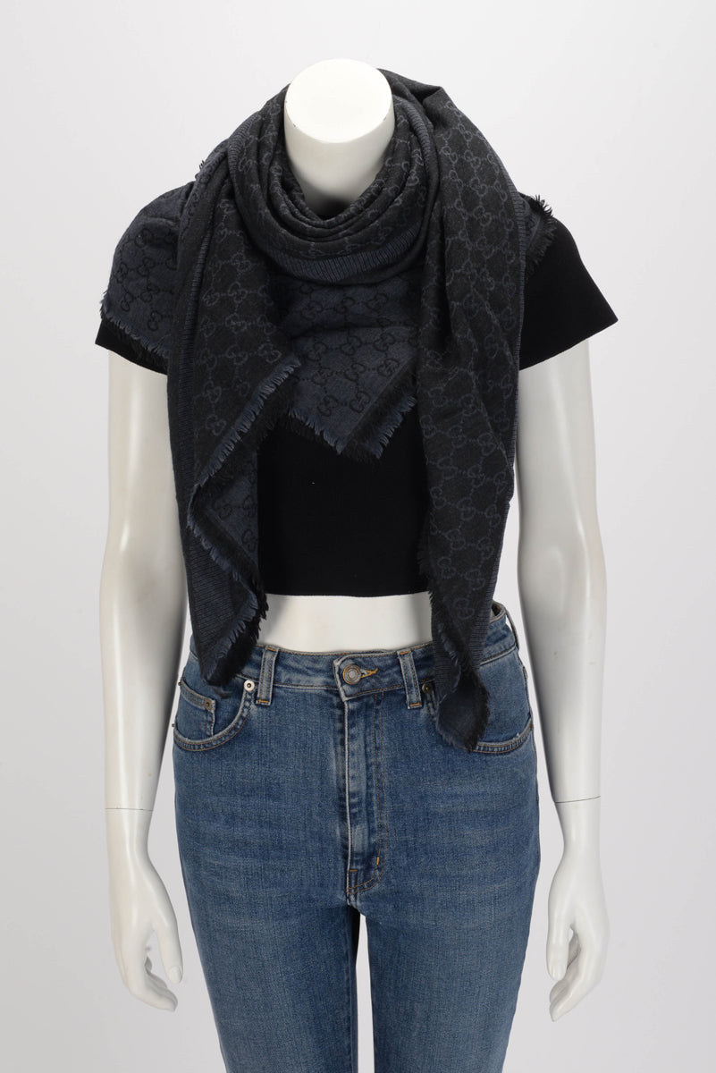 Gucci Navy & Black Wool Split GG Fringed Shawl