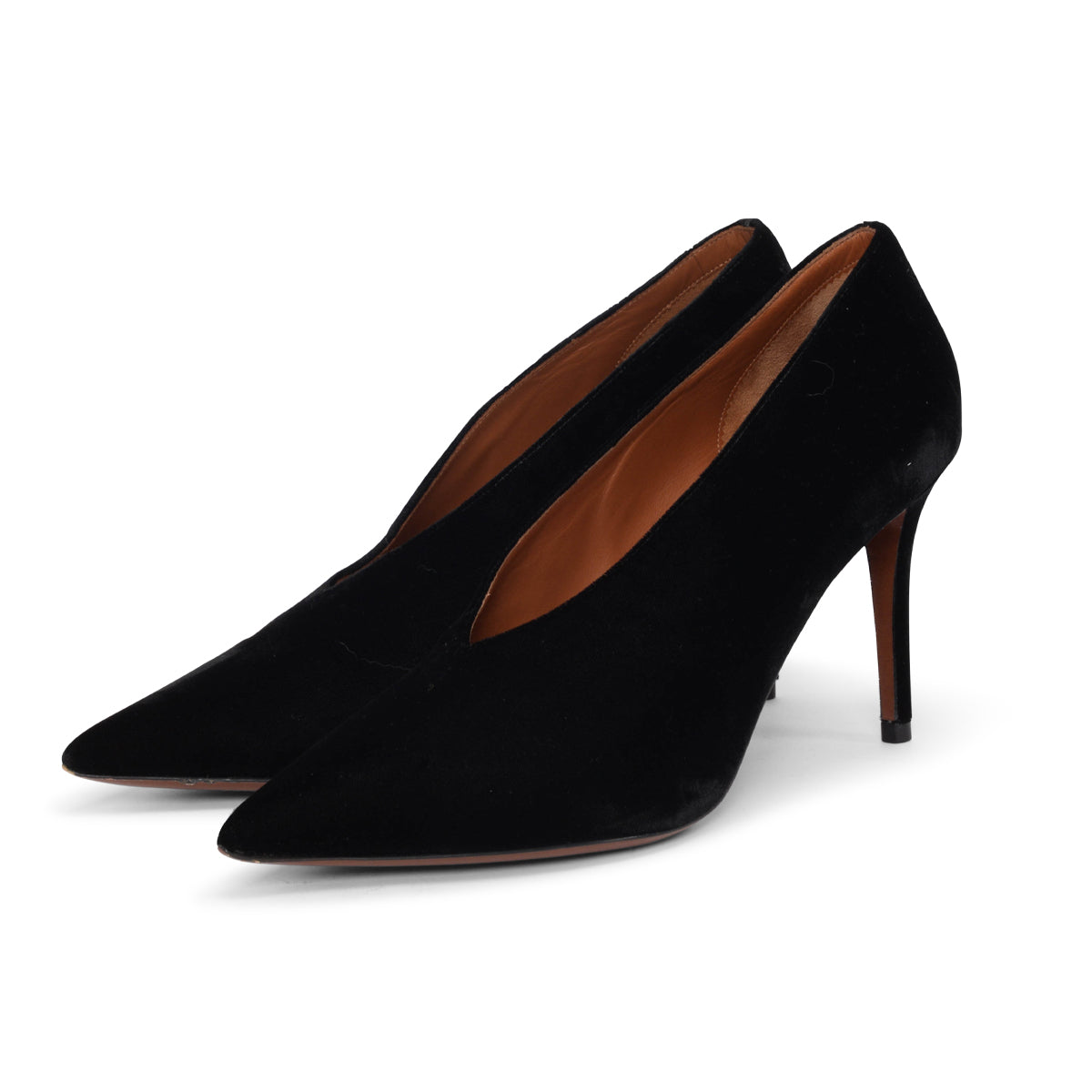 Celine Black Velvet V-Neck Pointy Pumps 39
