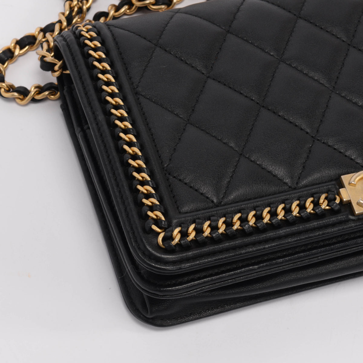 Chanel Black Lambskin Chain Around Boy Wallet On Chain
