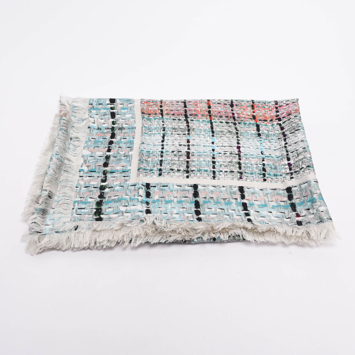 Chanel Turquoise Silk Tweed Print CC Shawl