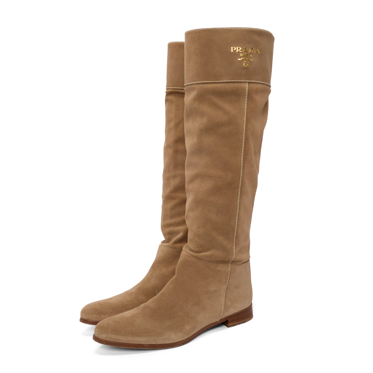 Prada Sand Suede Knee High Flat Boots 38