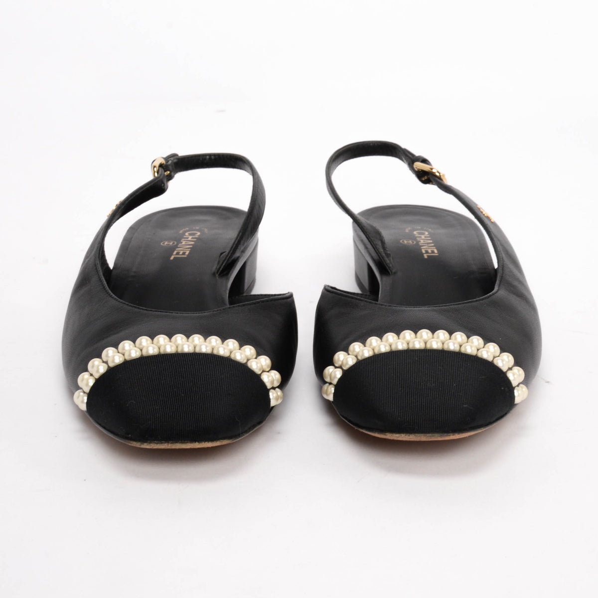 Chanel Black Lambskin Pearl Cap Toe CC Slingback Flats 40
