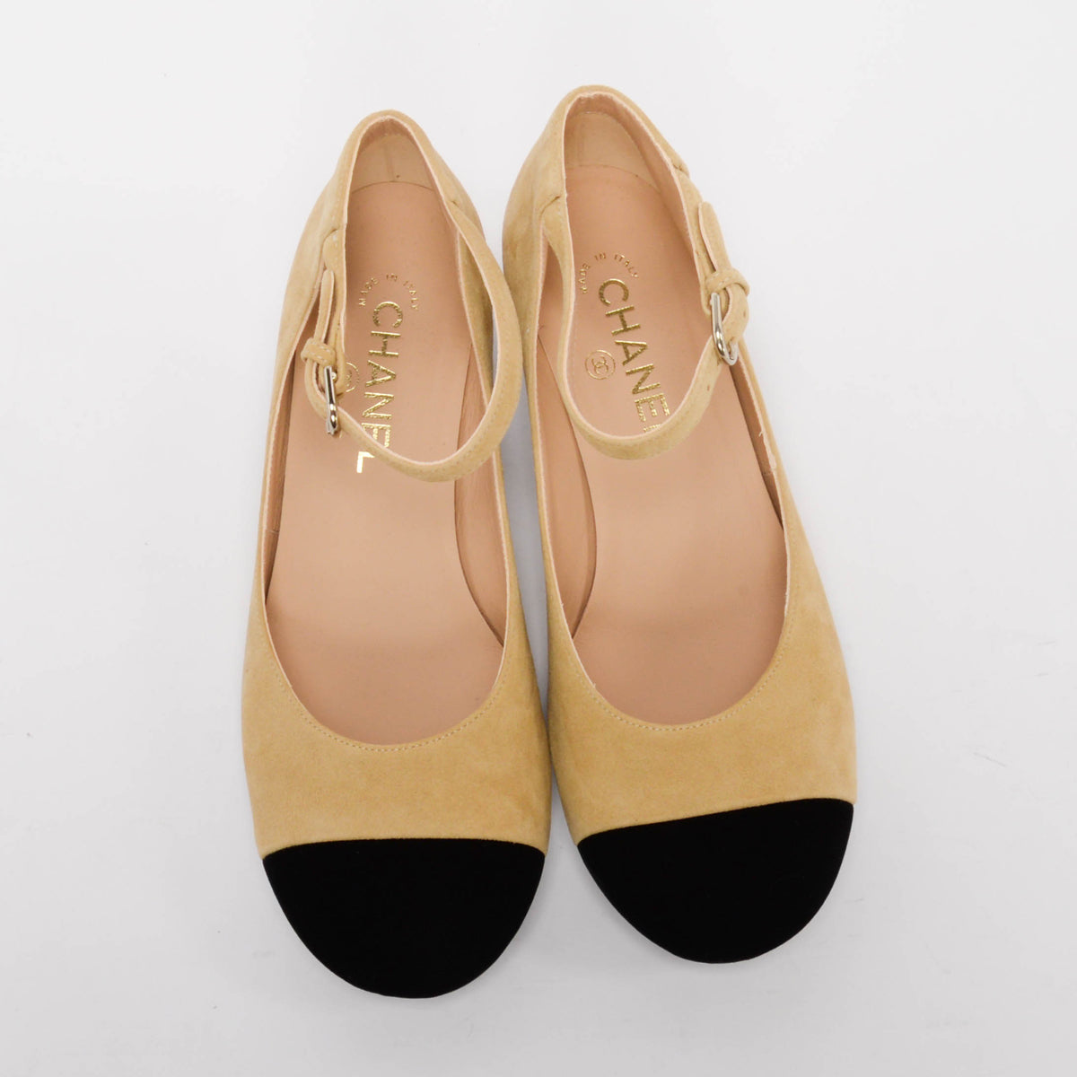 Chanel Beige & Black Suede & Velvet Cap Toe Mary Janes 38.5