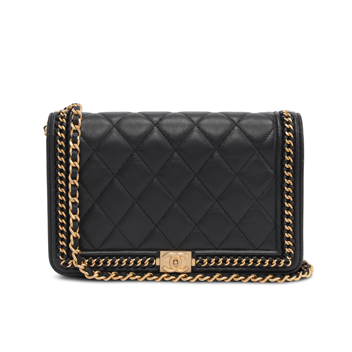 Chanel Black Lambskin Chain Around Boy Wallet On Chain