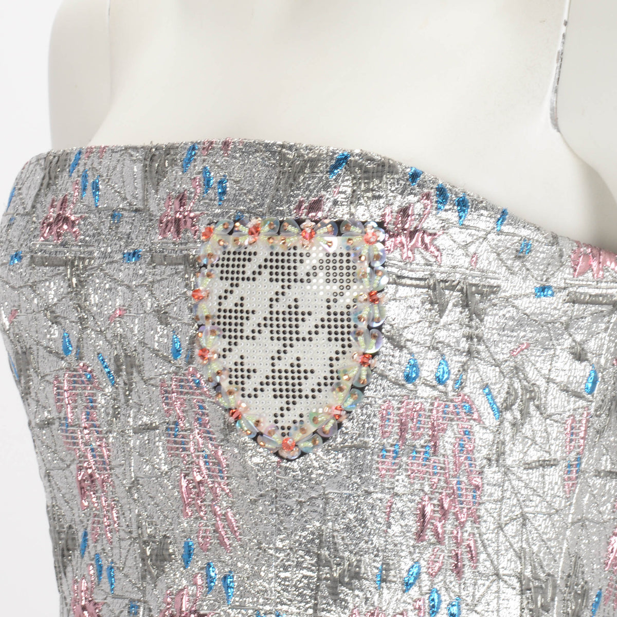 Dior Silver Floral Embroidered Bustier Badge Evening Dress FR 38