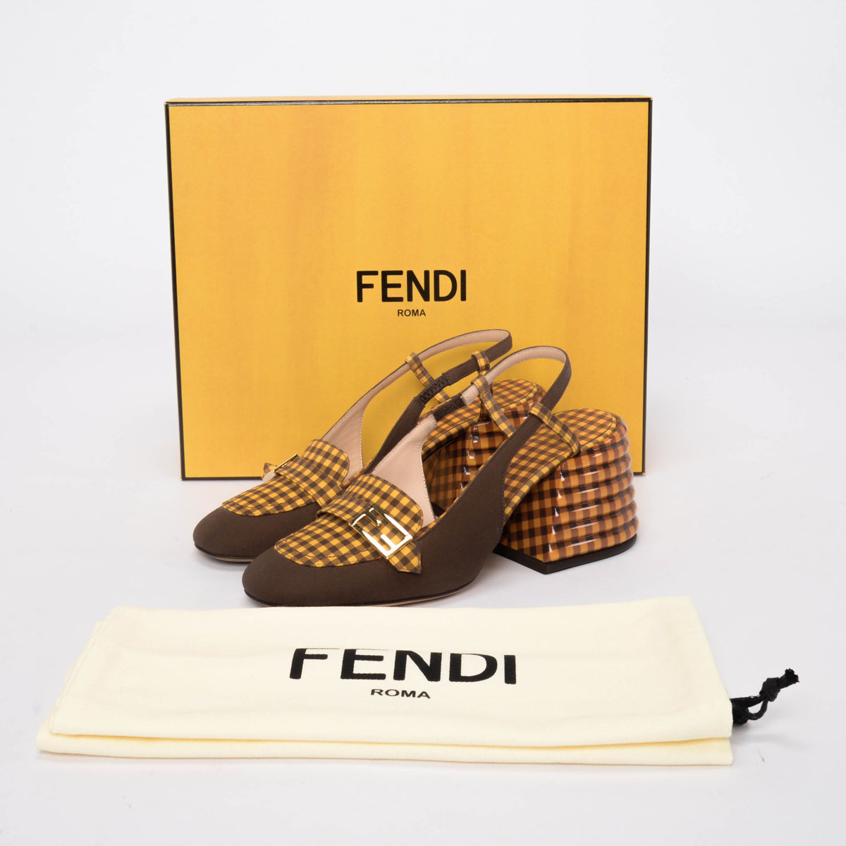 Fendi Brown & Yellow Check Promenade Slingback Loafers 36
