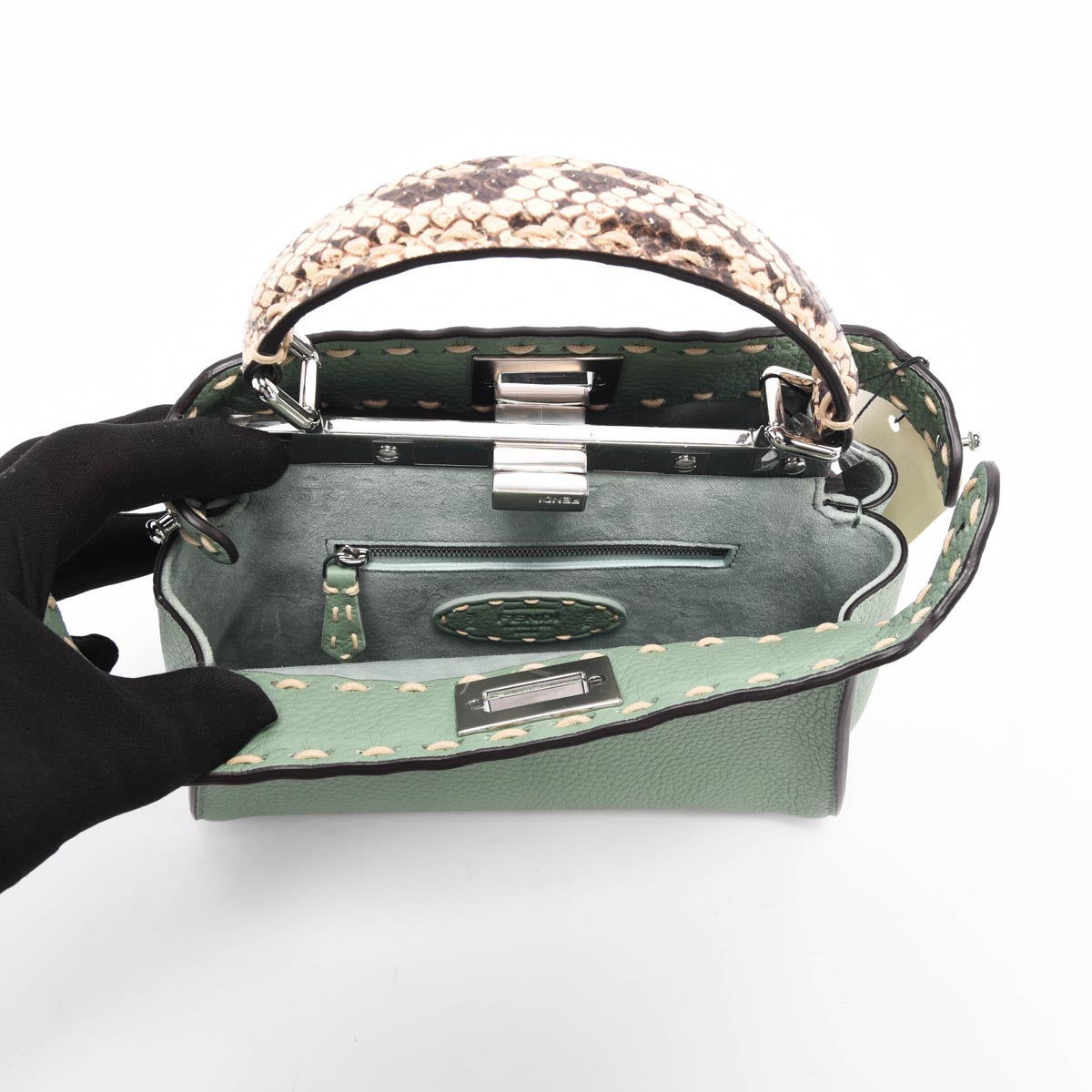 Fendi Mint Selleria Calfskin & Snakeskin Peekaboo Mini Bag