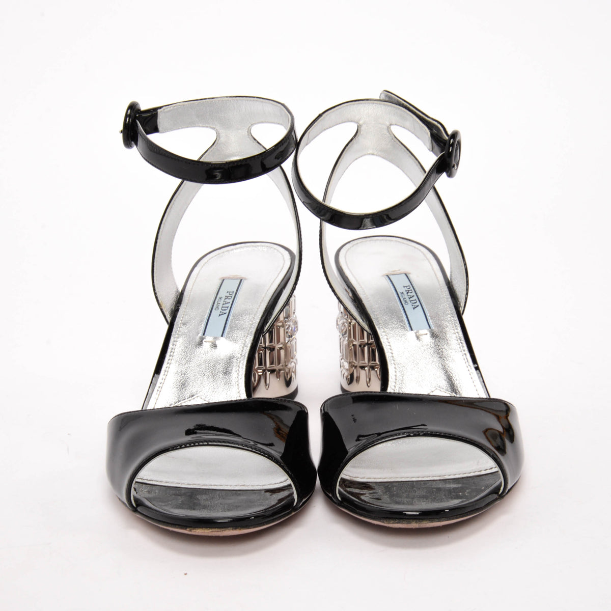Prada Black Patent Crystal Heel Sandals 38.5