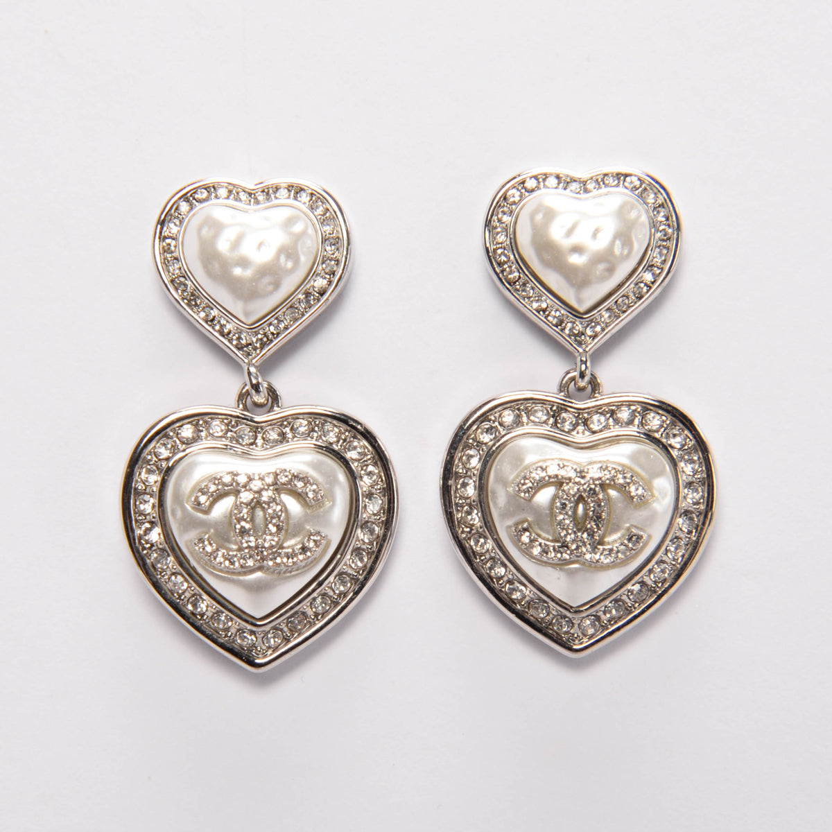 Chanel Silver Pearl & Crystal CC Heart Drop Earrings