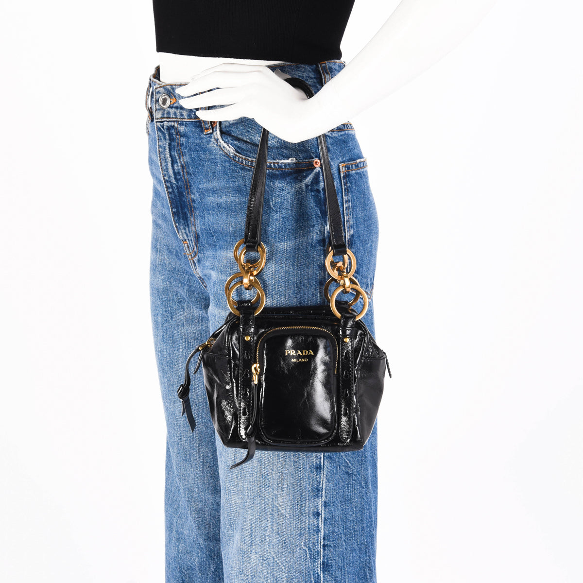 Prada Black Distressed Leather Dangle Mini Bag