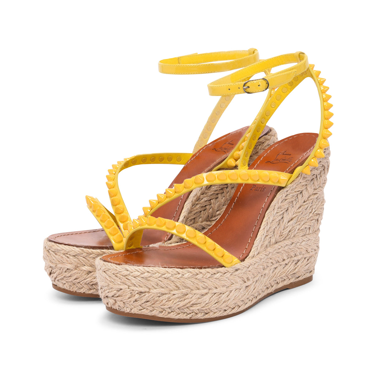 Christian Louboutin Yellow Raffia Mafaldina Zeppa Studded Wedges