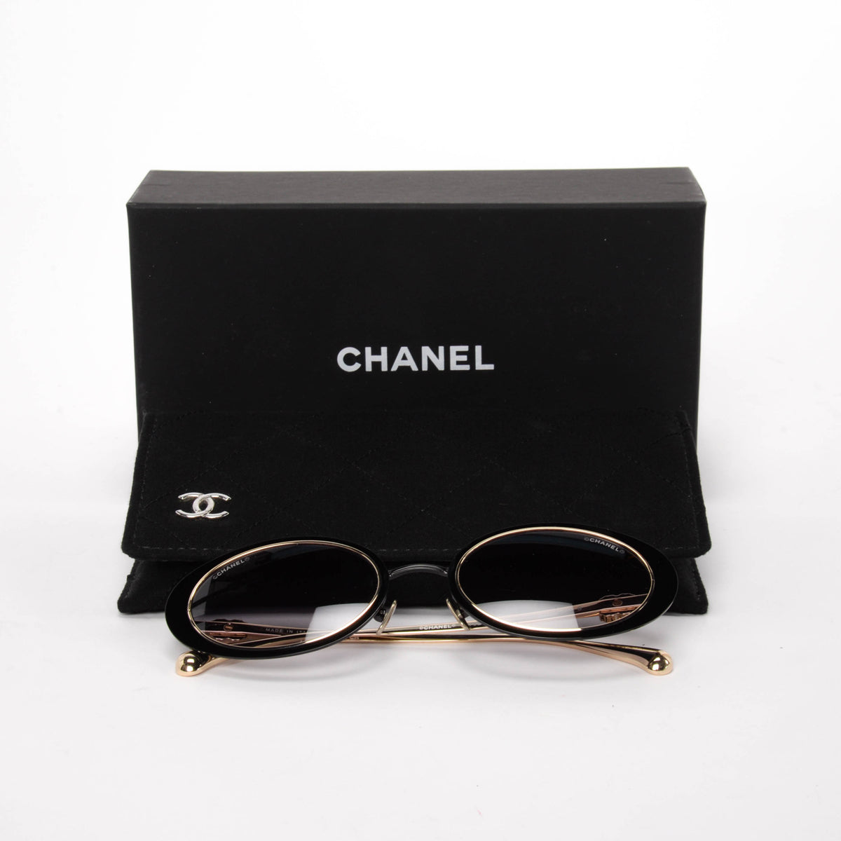 Chanel Black & Gold Oval Crystal CC Sunglasses