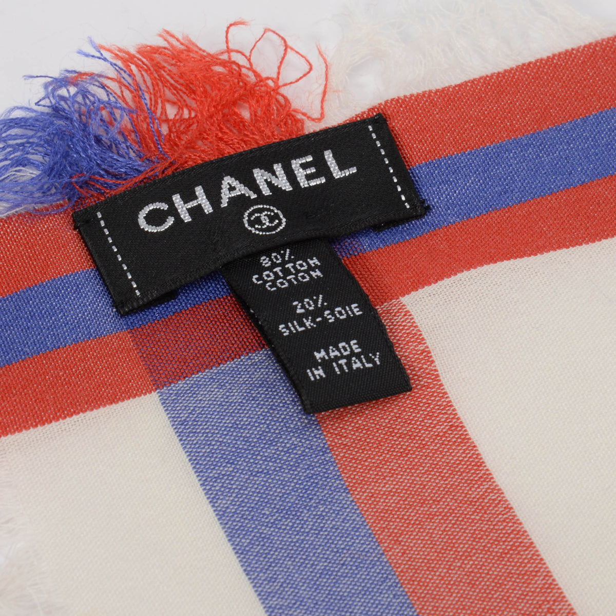 Chanel White Striped Cotton & Silk CC Shawl