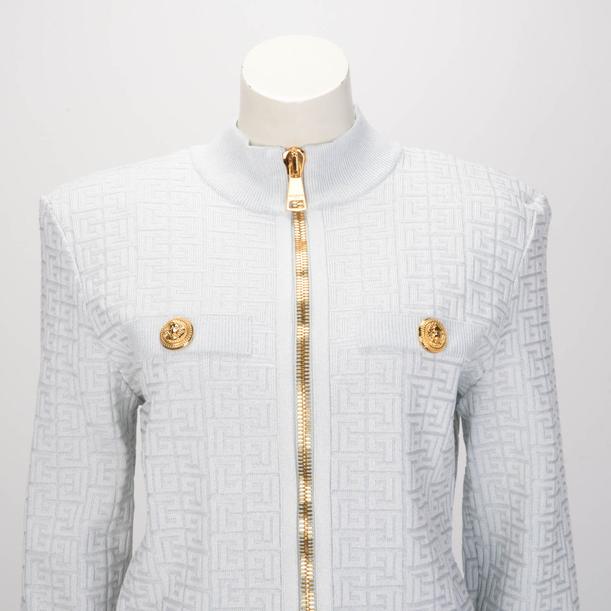 Balmain Light Blue Jacquard Knit Monogram Zip Jacket FR 46