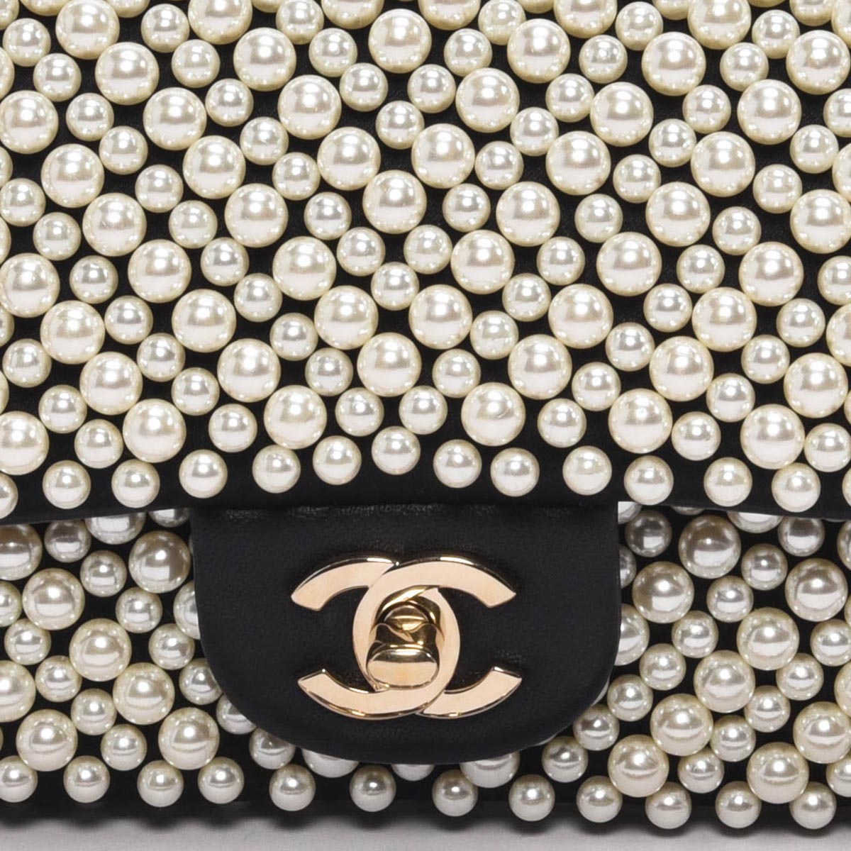 Chanel Black Satin & Lambskin Pearl On Flap Bag