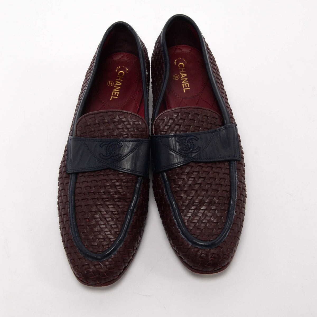 Chanel Burgundy & Navy Woven Leather CC Loafers 38.5