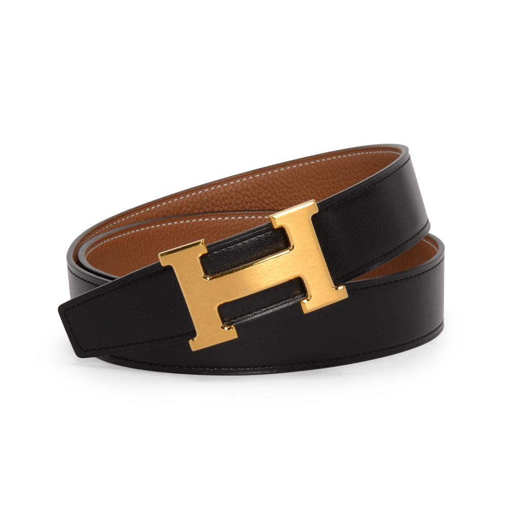 Hermes Black & Gold Box Calf & Togo Reversible H Belt