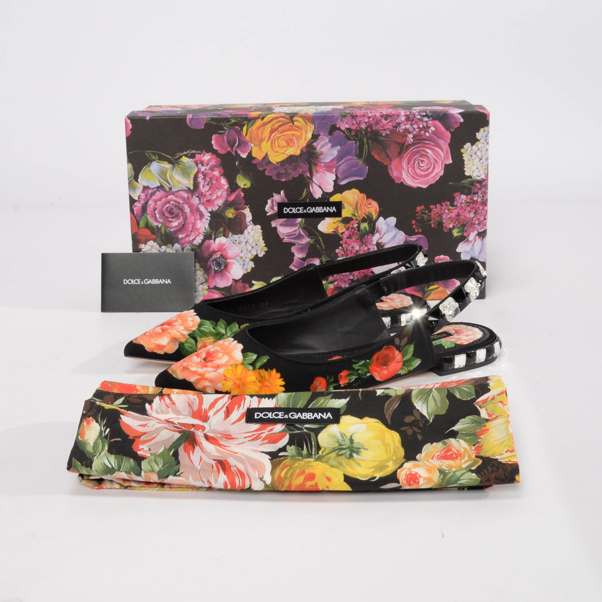 Dolce & Gabbana Black Floral Print Crystal Slingbacks 39