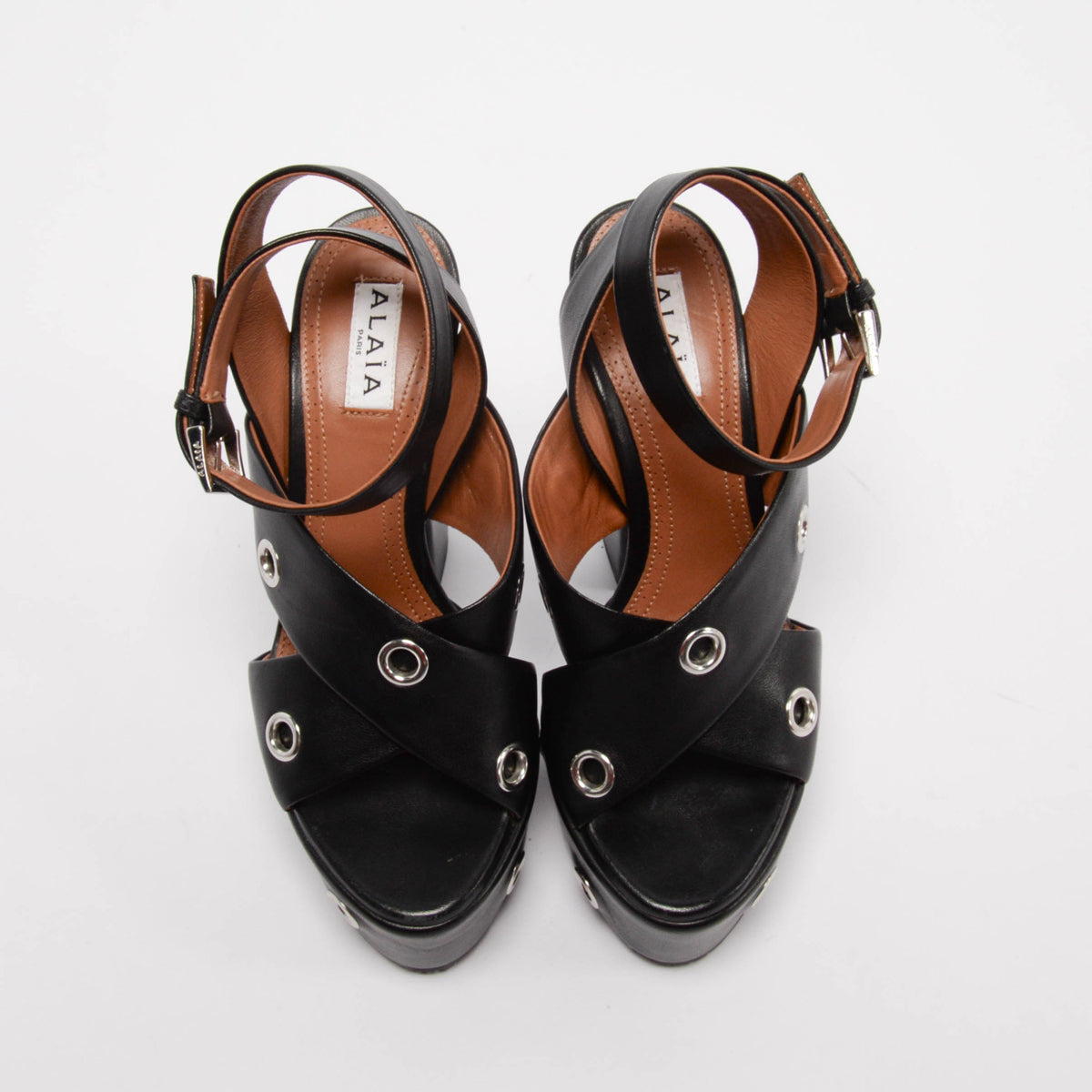 Alaia Black Leather Eyelet Embellished Platform Sandals 35