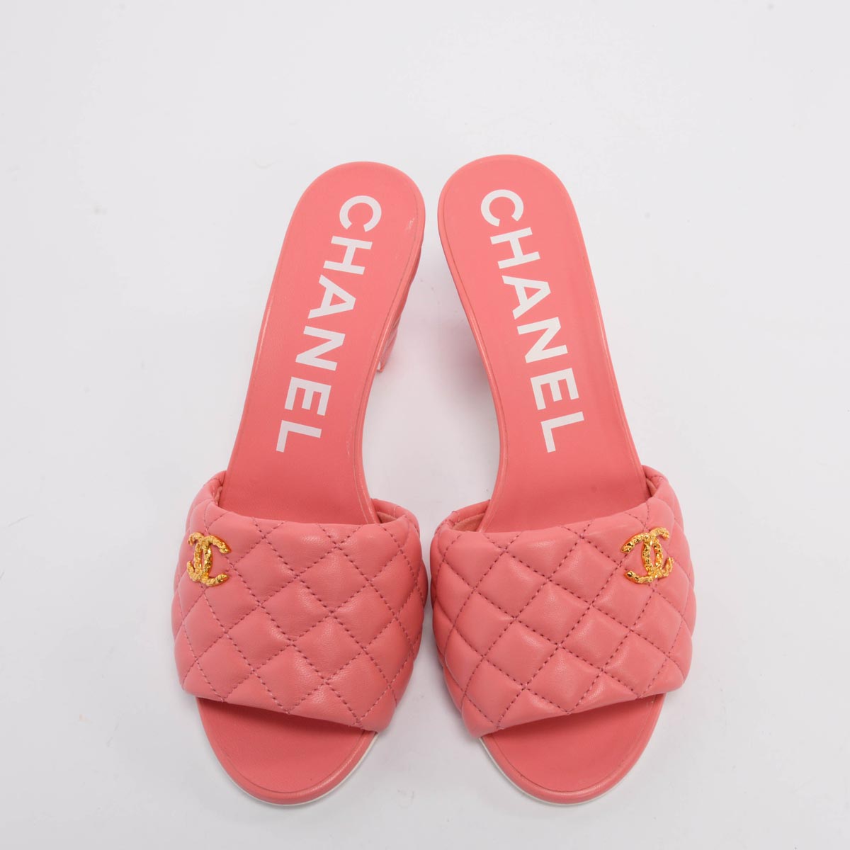 Chanel Coral Quilted Lambskin Textured CC Mules 40