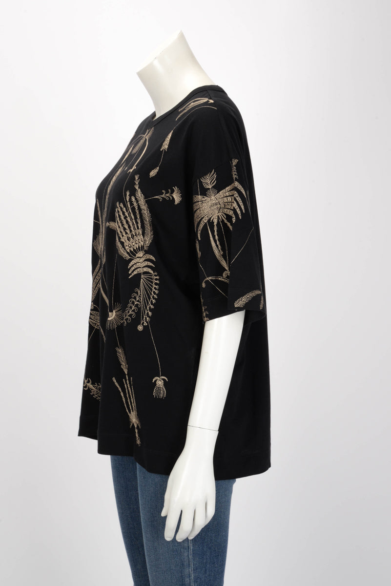 Dries Van Noten Black Cotton Floral Embroidered T-Shirt FR 40