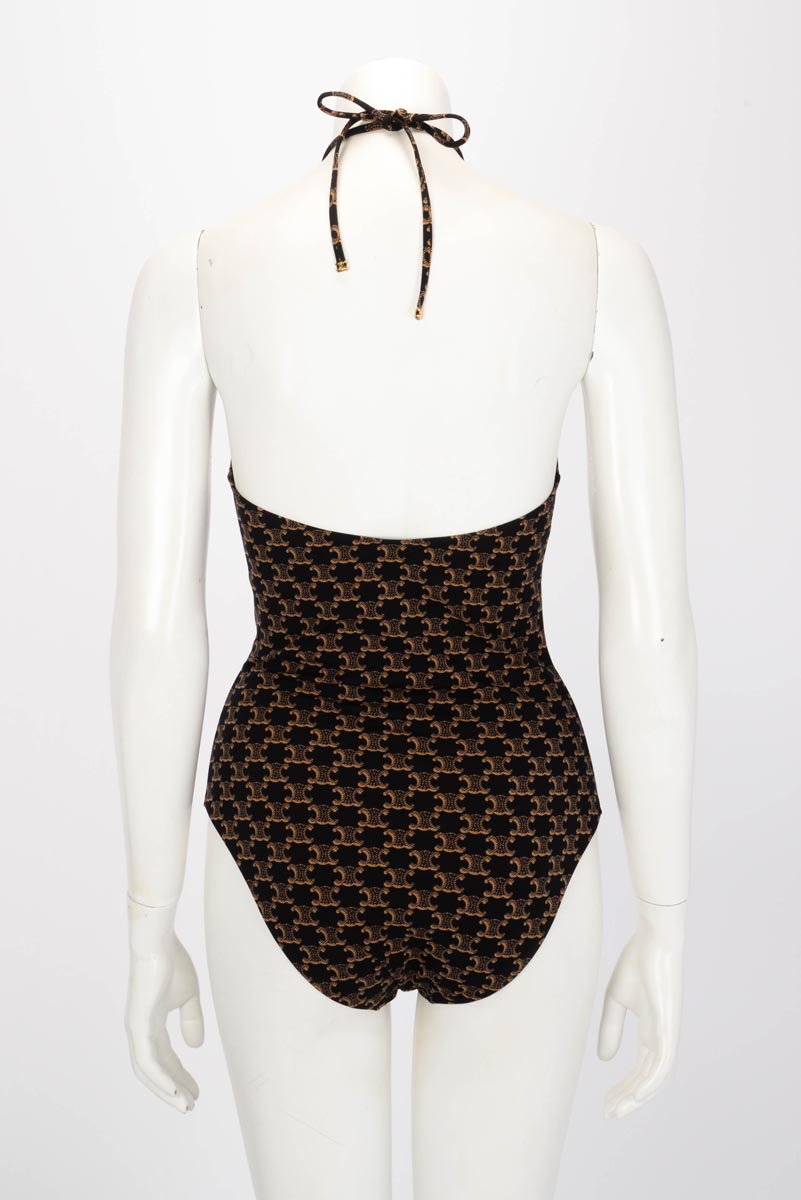 Celine Brown Monogram Jersey V-Neck One Piece Swimsuit FR 40