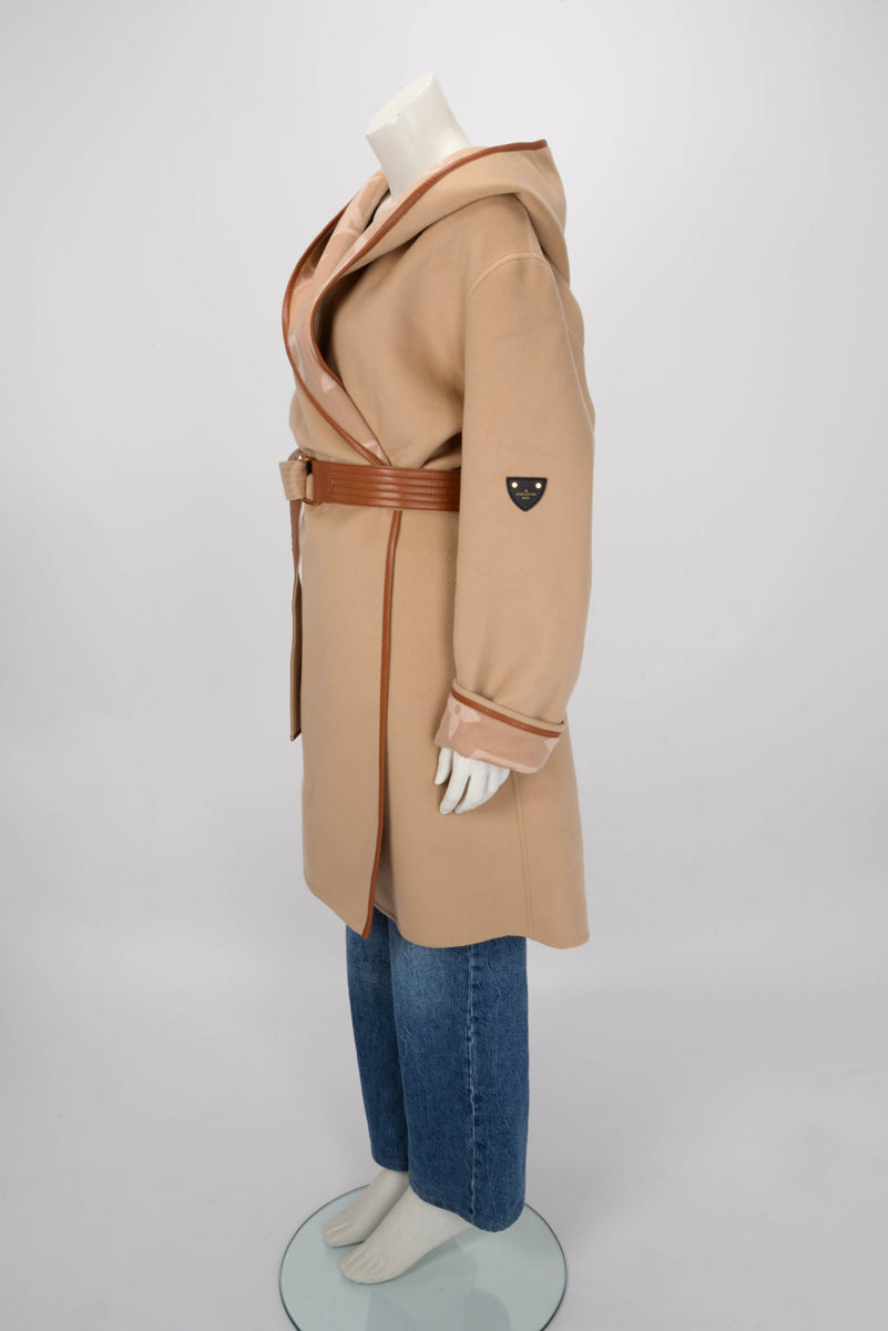 Louis Vuitton Beige Wool Belted Double Face Hooded Wrap Coat FR 46