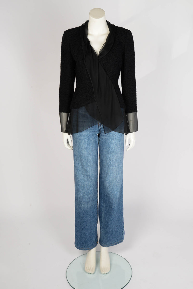 Chanel Black Boucle & Chiffon Wrap Jacket FR 38