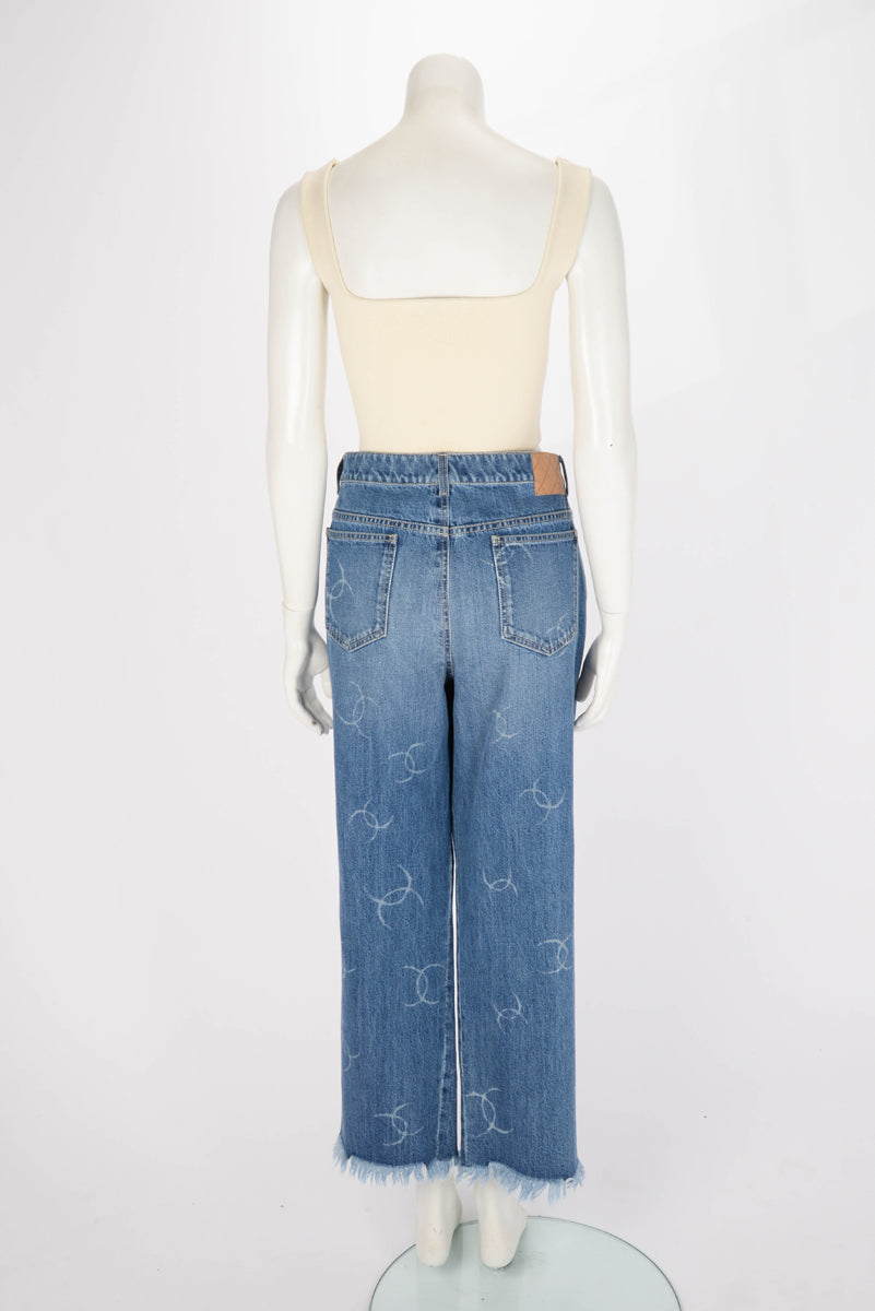 Chanel Blue Denim CC Frayed Hem Jeans FR 50