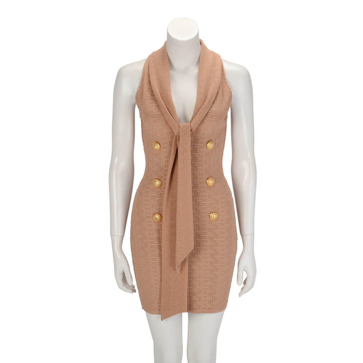 Balmain Gold Monogram Knit Sleeveless V-Neck Dress FR 36