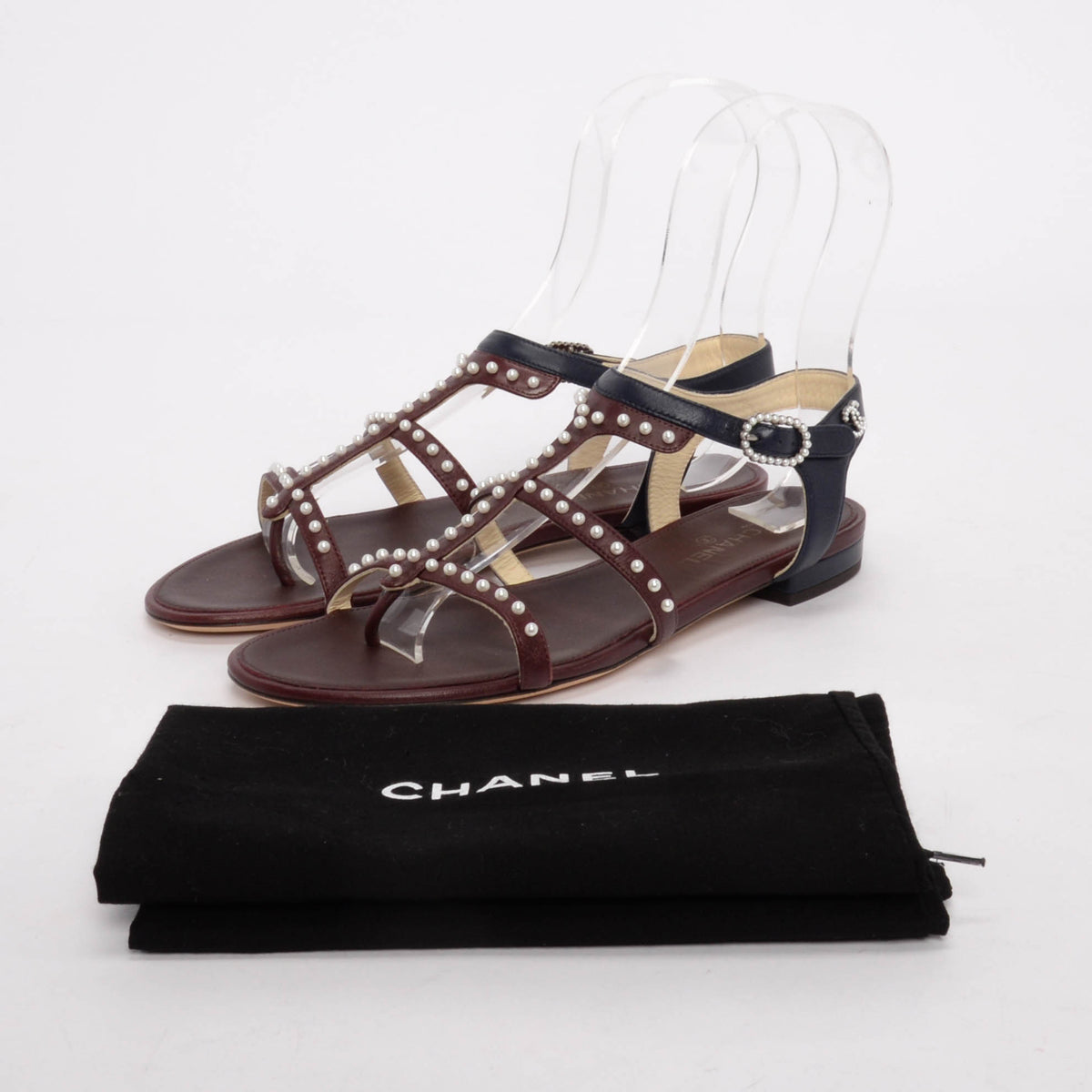 Chanel Burgundy & Navy Lambskin & Pearl Caged Sandals 37