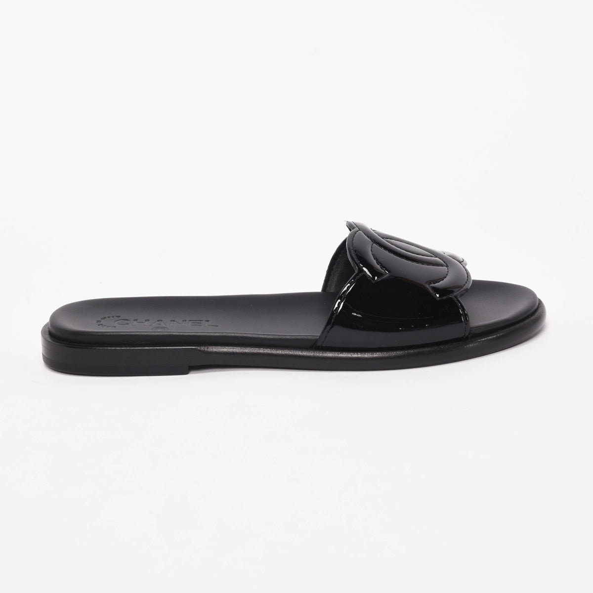 Chanel Black Patent Leather CC Slides 40