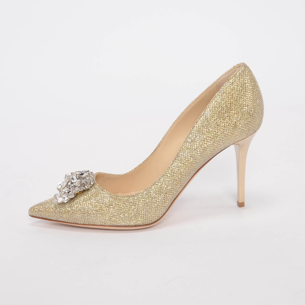 Jimmy Choo Gold Lurex Crystal Mamey Pumps 37