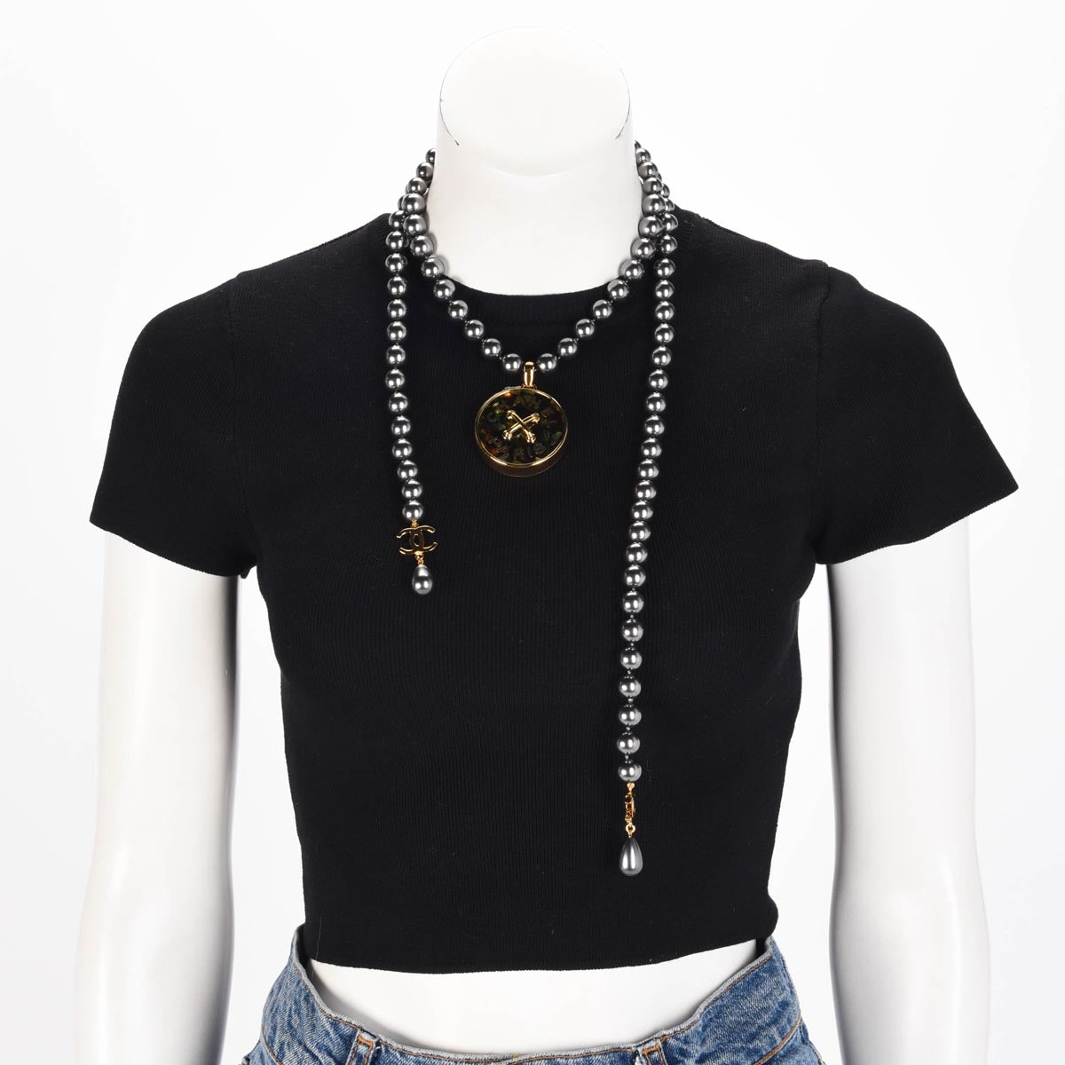 Chanel Charcoal Pearl & Resin CC Pendant Necklace with Lariat