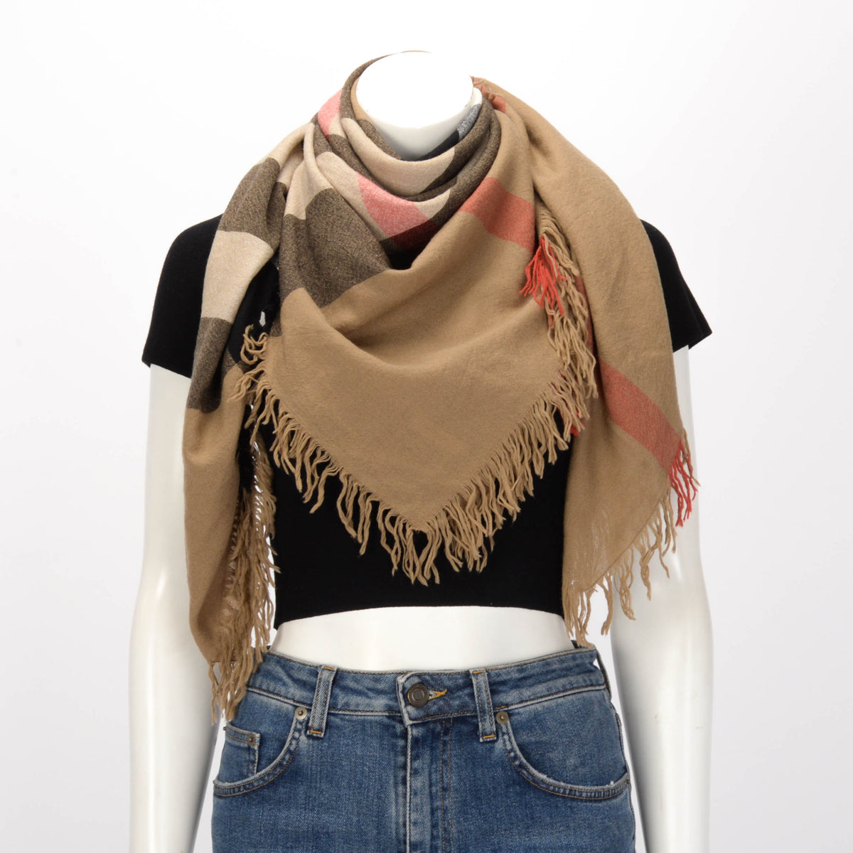 Burberry Beige Wool Crepe House Check Fringed Scarf