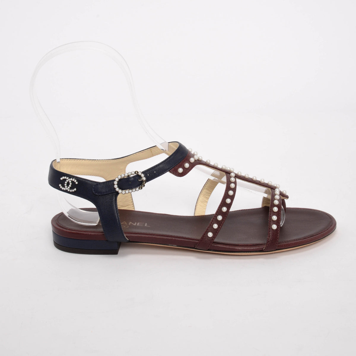 Chanel Burgundy & Navy Lambskin & Pearl Caged Sandals 37