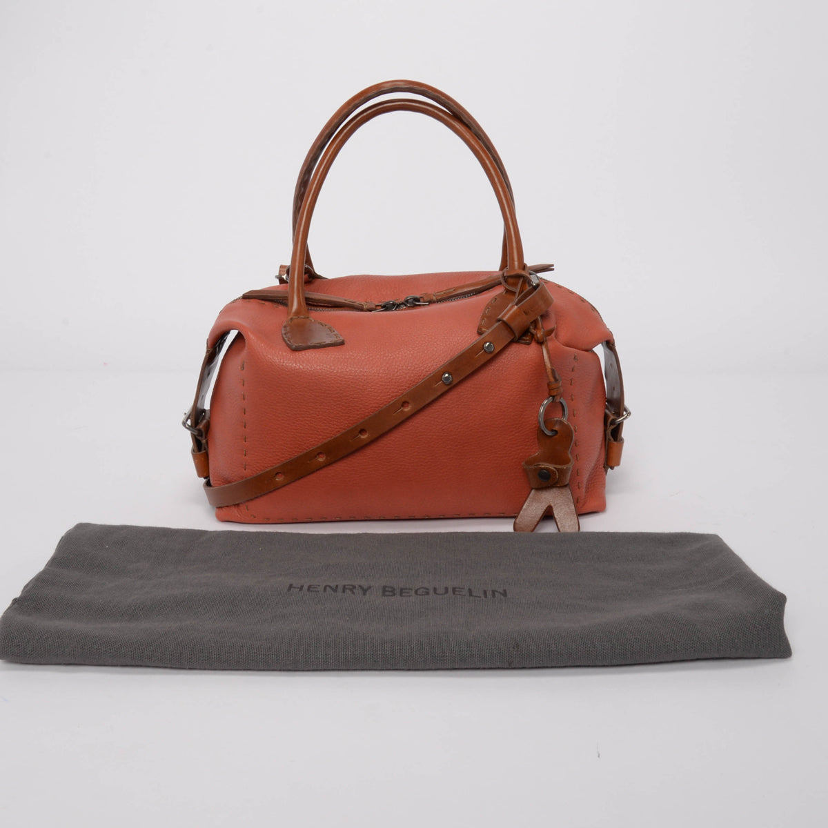 Henry Beguelin Brick and Tan Calfskin Top Stitched Shoulder Bag