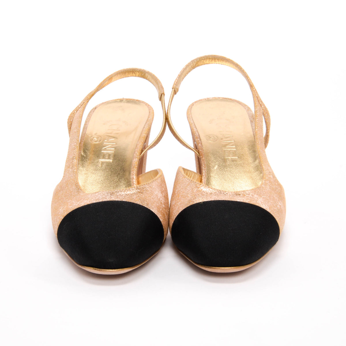 Chanel Gold & Black Calfskin Cap Toe Slingbacks 38.5