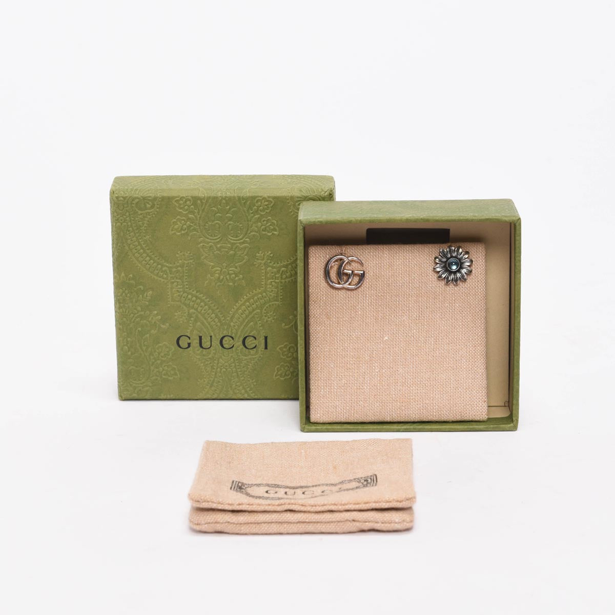 Gucci Sterling Silver GG Marmont & Flower Stud Earrings
