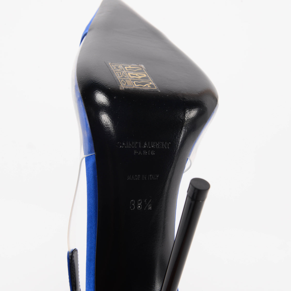 Saint Laurent Blue Satin & PVC Riqua Slingback Pumps 38.5