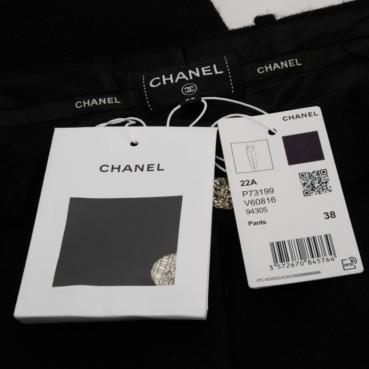 Chanel Black Wool Crystal CC Button Pants FR 38