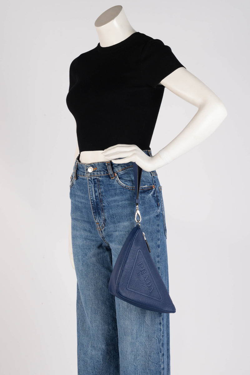 Prada Blue Saffiano Prada Triangle Wristlet