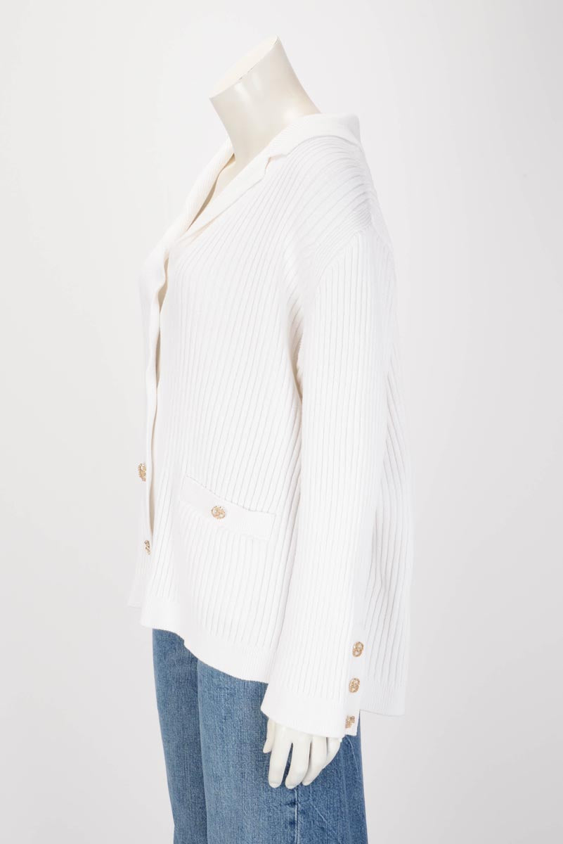 Chanel White Ribbed Cotton CC Long Cardigan FR 50