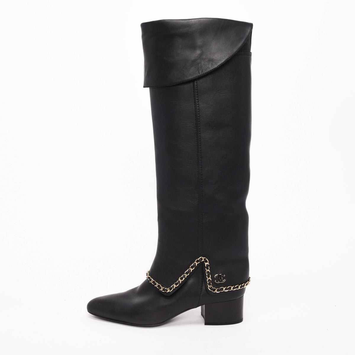 Chanel Black Calfskin Knee High Chain Trim Boots 40.5