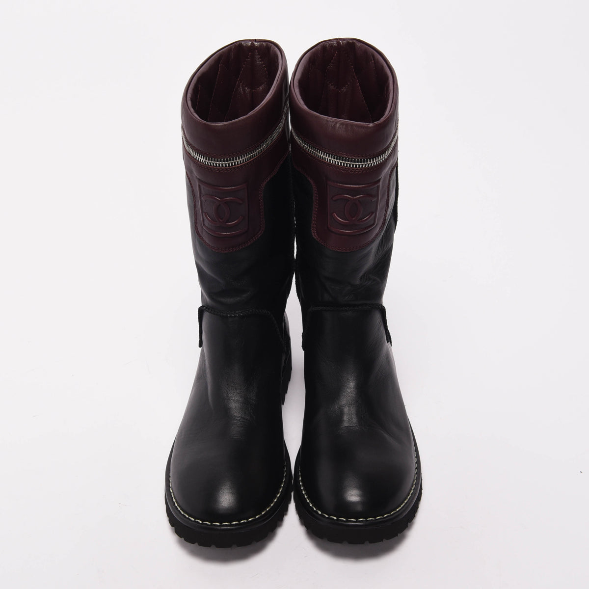 Chanel Black & Burgundy Calfskin Motorcycle Zipper Boots 40