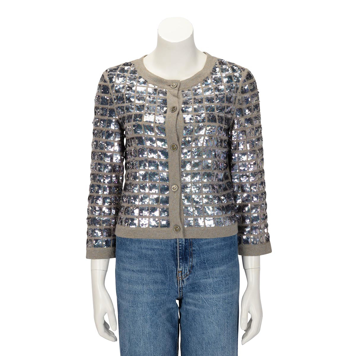 Chanel Grey Cashmere Iridescent Sequin Cardigan FR 36