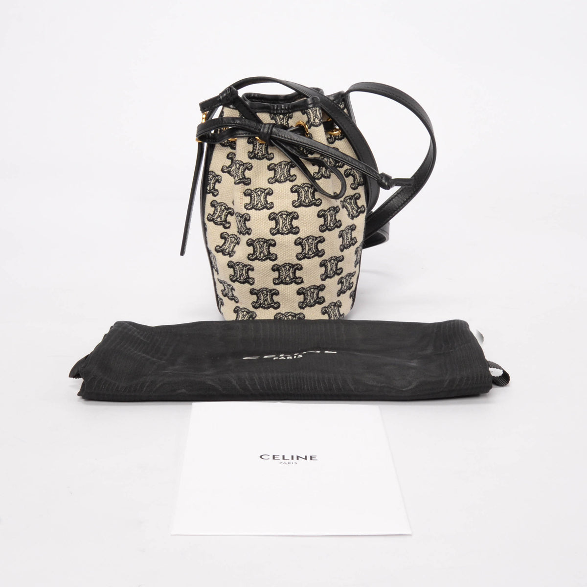 Celine Ecru & Black Triomphe Canvas Micro Drawstring Bucket Bag