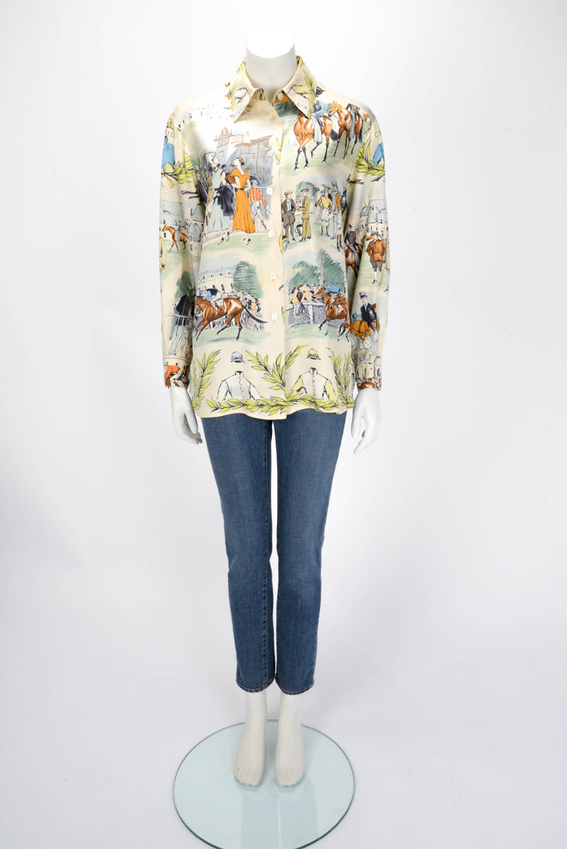 Hermes Ivory Silk Champs de Courses Chantilly Shirt FR 40