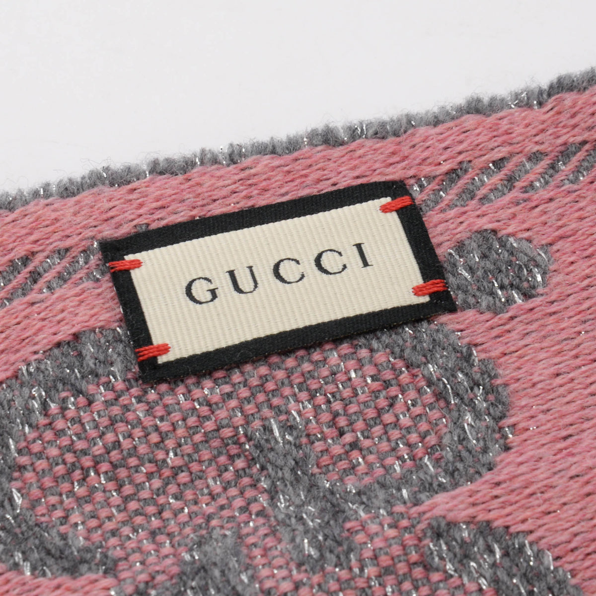 Gucci Pink & Grey Lame GG Jacquard Fringed Scarf